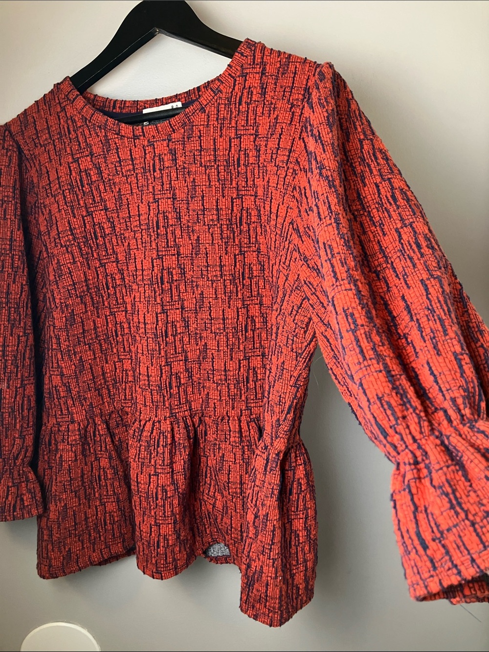 Statement Print Ruffle Peplum RO&DE Orange Textured Women's Top Size Large - Picture 2 of 7